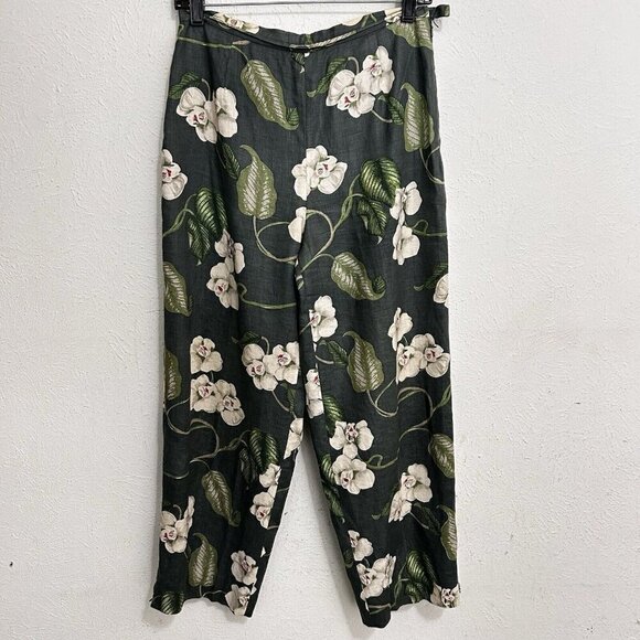 Silk Club Collection 100% Linen Crop Pants Green Floral Size 6 Fully Lined Zip - Picture 1 of 10